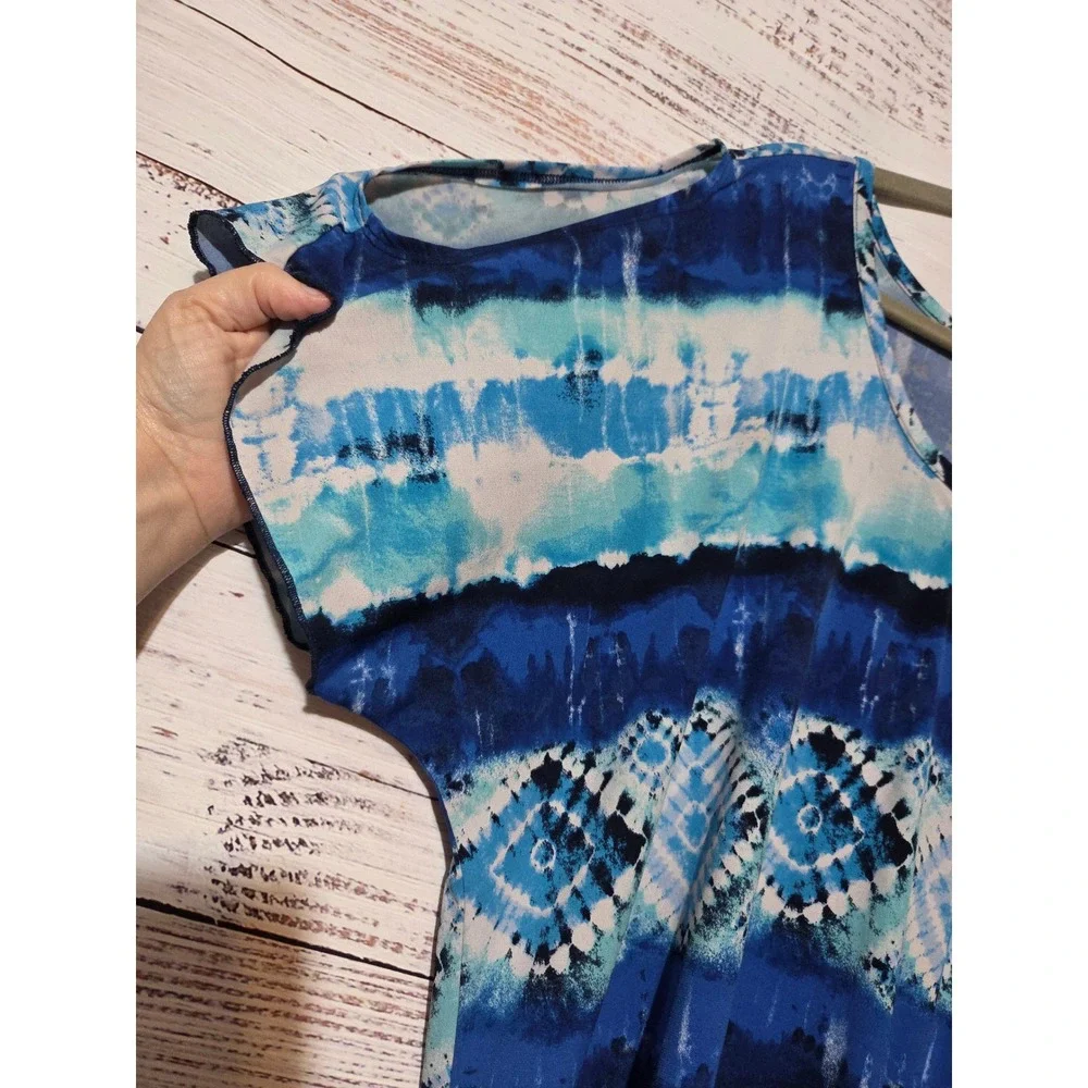 Susan Lawrence Woman Blue Tie Dye Cold Shoulder Shirt 3X Keyhole Short Sleeve
